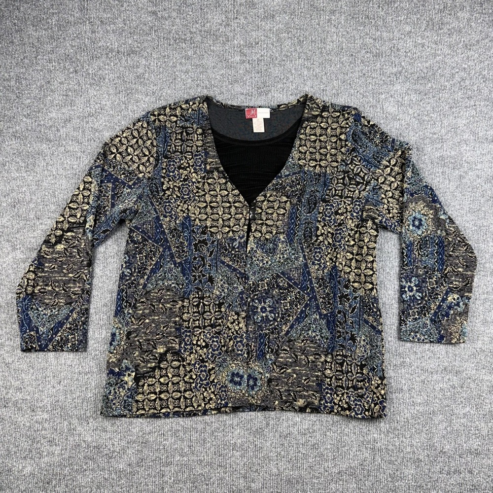 JM Collection Shirt Womens 3X Blue Gold Floral Print V-Neck 3/4 Sleeve Top